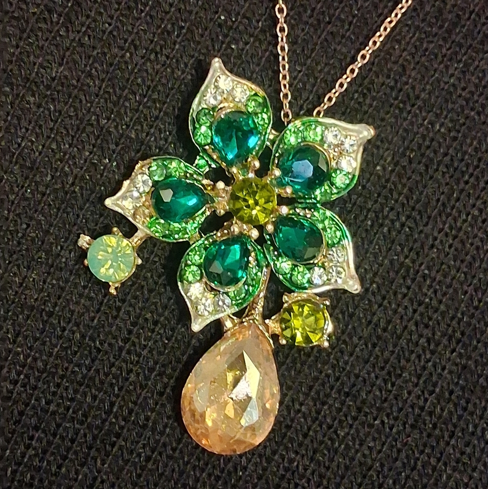 Gold-Tone Green Rhinestone Flower Pendant Necklace